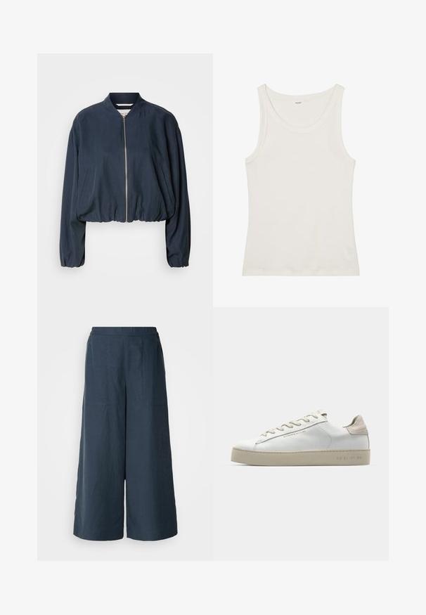 Navy bomber jacket with a zip closure, elasticated hem, and long sleeves. Features side pockets and a smooth texture.; White cotton tank top with a wide neckline and thin shoulder straps. Smooth texture with no visible patterns or embellishments.; Wide-leg trousers in navy blue, made from lightweight fabric. Features a slightly textured surface, elastic waistband, and front seams.; White leather sneaker with a smooth finish, beige suede accents, round toe, flat lace-up design, and a textured rubber sole.