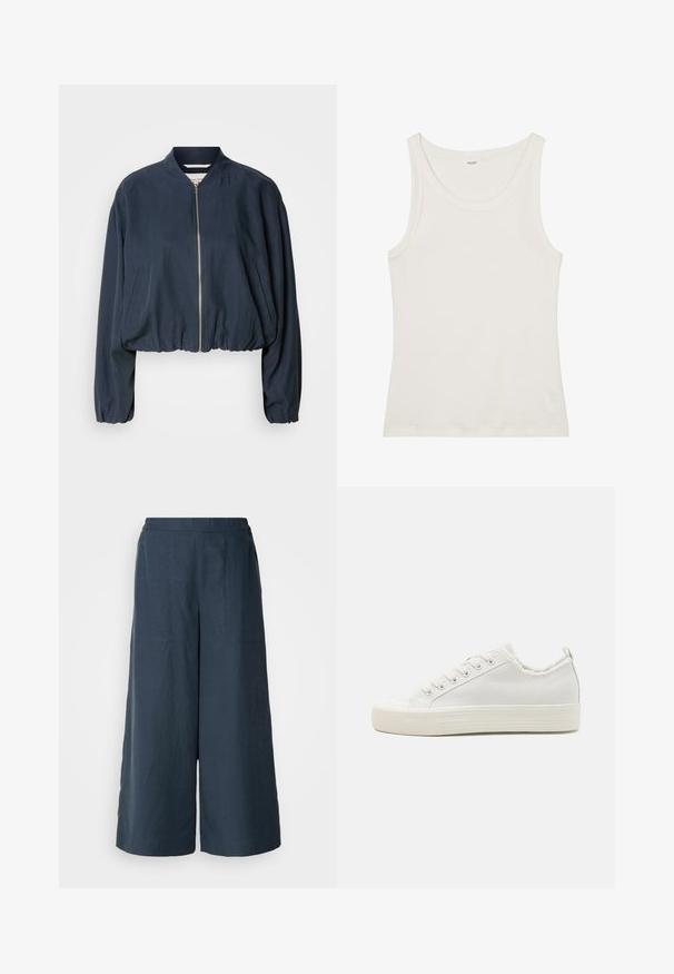 Jūras spēku bumbas žakete ar rāvējslēdzēju, elastīgu apakšmalu un garām piedurknēm. Iespējo sānu kabatas un gluda tekstūra.; Balta kokvilnas topiņa ar platu kakla izgriezumu un plānām plecu lencēm. Gluda tekstūra bez redzamām apdrukām vai rotājumiem.; Platās bikses tumši zilā krāsā, izgatavotas no viegla auduma. Iespējo nedaudz teksturēta virsma, elastīga jostasvieta un priekšējās šuves.; Baltas audekla tenisa apavi ar teksturētu augšpusi, apaļu purngalu, plakanu zoli un šņorēšanu priekšpusē. Iedziļināti izstrādāta nedaudz nolietota apkakle un cilpa, kas atvieglo uzvilkšanu.