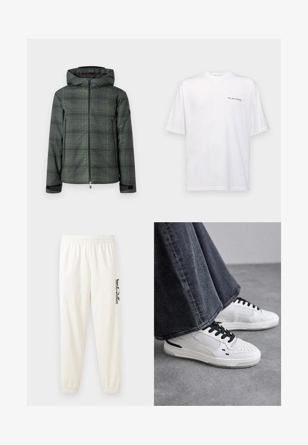 Kapitāna jaka tumši zaļā un melnā pārbaudes rakstā, ar priekšējo rāvējslēdzēju, elastīgām aprocēm un mīkstu, teksturētu audumu.; Baltas īsām piedurknēm T-kreklis no kokvilnas ar V veida kakla izgriezumu, uz kura kreisajā pusē ir melns "FILLING PIECES" logo.; Gai bēšas sporta bikses ar elastīgu jostu un elastīgām aprocēm. Kreisajā kājā ir melns iegravēts logo. Mīksta auduma tekstūra.; Baltas sneakers ar melnām auklām un sieta detaļām. Iekļauj gludu ādas virsu un strukturētu gumijas zoli. Pāris ar platām pelēkām džinsām.