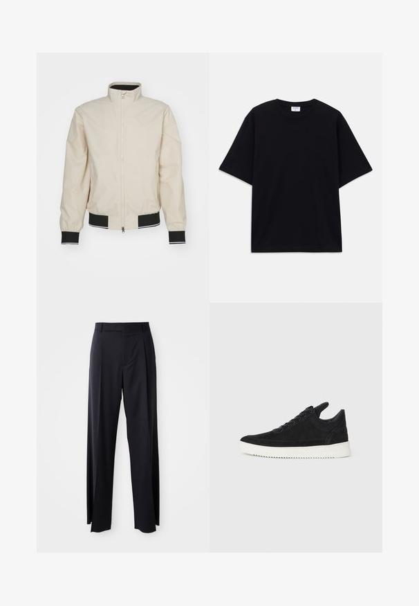 Svetlobežový bomber kabát s vysokým golierom, zipsom na uzatvorenie, čiernymi ribbed manžetami a spodným okrajom so bielymi pruhmi. Hladký, ľahký materiál.; Čierne nadrozmerné tričko s krátkym rukávom a okrúhlym výstrihom, s viditeľnou značkovou etikou Filippa K vo vnútri goliera.; Čierne, vysoké nohavice so širokým strihom, vyrobené z hladkej látky. Obsahujú predné skladby a pútka na opasok. Minimalistický dizajn, bez viditeľnej kovania.; čierne semišové tenisky s bielou gumovou podrážkou, s tonálnym prešívaním a šnurovaním. Hladká textúra s moderným, zjednodušeným tvarom.
