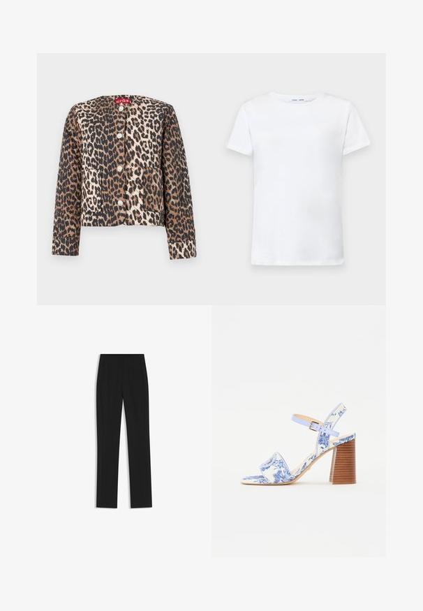 Giacca cropped animalier con stampa leopardata, caratterizzata da un colletto rotondo, quattro bottoni e due tasche frontali. Il tessuto ha una consistenza liscia con una combinazione di tonalità marroni e nere.; T-shirt bianca a maniche corte in cotone con design a girocollo. Tessuto liscio e taglio dritto, senza motivi o accenti.; Pantaloni neri su misura con un design a gamba dritta, dotati di tasche frontali e un tessuto liscio e strutturato. Dettagli ordinati e minimalisti.; Sandal con stampa floreale blu, con punta quadrata, una larga fascia e una cinghia alla caviglia regolabile, dotata di un tacco a blocco in legno texturizzato.