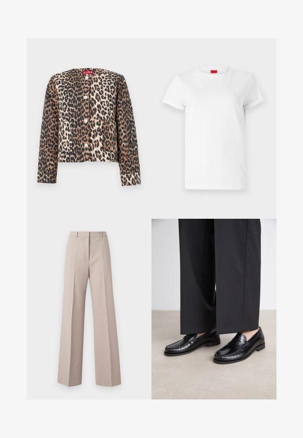 Leopard-print cropped jacket featuring a round neckline, four buttons, and two front pockets. The fabric has a smooth texture with a mix of brown and black tones.; White short-sleeve t-shirt made of lightweight cotton. Features a round neckline and rolled sleeves. Red logo tag on the collar.; Beige wide-leg trousers made from a smooth fabric, featuring a high waist, front pleats, and a tailored silhouette.; Black leather loafers with a smooth finish, stitched detailing around the toe, and a low rubber sole. Paired with wide black trousers.