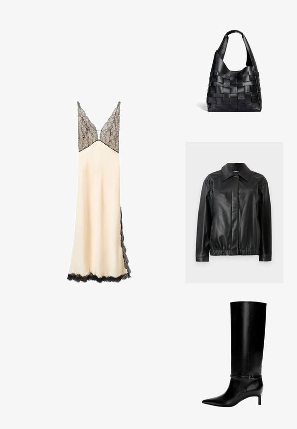 Sort læderjakke med krave, elastisk talje, lange ærmer og glat overflade. Enkel design uden udsmykning.; Satin natkjole i creme med en sort blonderabat og kant. V-udskæring og justerbare stropper. Gulvlængde med sidelæns blonderdetaljer.; Sort læderknæhøj støvle med spids tå og en lille hæl. Har en smal rem med en metallisk spænde omkring anklen. Glat overflade.; Sort læder vævet tote taske med en slasket form og bred skulderrem. Har et tekstureret, sammenflettet design med en glat overflade.