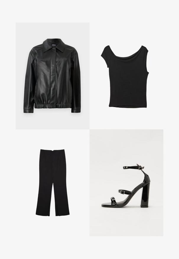 Črna usnjena jakna s ovratnikom, elastičnim pasom, dolgimi rokavi in gladko teksturo. Enostavna zasnova brez okrasnih elementov.; Črna kratka majica s kratkimi rokavi iz gladkega blaga; ima drapiran izrez in asimetrično spodnjo rob, s prilegnjenim telesom.; Črne hlače ravnega kroja z naglavnimi žepi in stranskimi razporki na robu. Narejene iz mehke, gladke tkanine. Primerne za različne priložnosti.; Črne lakirane sandale s peto, kvadratnim prstom, trakovi okrog gležnja in srebrnimi zaponkami. Opremljene so s stabilno Debelo peto.