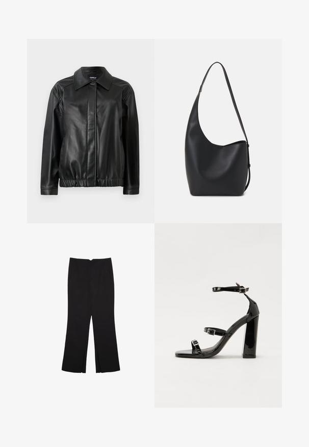 Veste en cuir noir avec un col, taille élastique, manches longues et texture lisse. Design simple sans ornements.; Top sans manches noir en tissu lisse, avec un col rond et une coupe ajustée, sans motifs ni ornements apparents.; Pantalon noir avec une coupe droite, doté de poches avant et d'éclairs sur l'ourlet. Fabriqué en tissu doux et lisse. Convient à diverses occasions.; Sandales à talons vernies noires avec un bout carré, des sangles autour de la cheville et des boucles en argent. Dotées d'un talon bloc épais pour plus de stabilité.; Sac hobo en cuir noir avec une texture lisse, une forme incurvée et une seule sangle réglable ; dispose d'une large ouverture en haut.