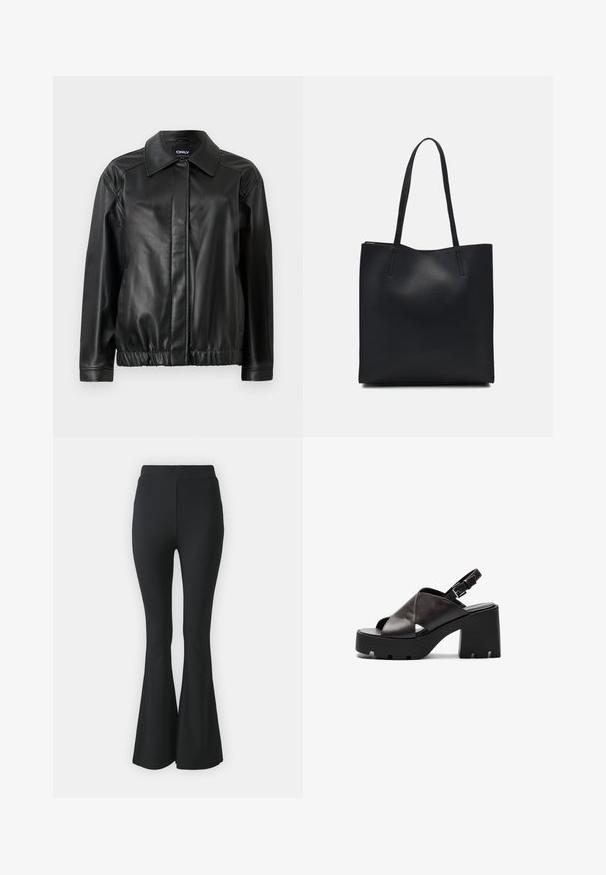 Jaqueta de couro preta com gola, cintura elástica, mangas longas e textura suave. Design simples sem adornos.; T-shirt branca curta feita de algodão, com mangas curtas, um decote redondo e uma bainha reta, apresentando uma textura suave e um design minimalista.; Calças pretas de boca de sino feitas de tecido elástico. Apresentam uma cintura alta e um design suave e ajustado que se alarga a partir do joelho para baixo.; Sandálias de salto alto em couro preto com plataforma robusta, design de tiras cruzadas, fivela ajustável e sola texturizada.; Bolsa tote preta em couro com textura lisa, forma retangular e duas alças longas. Sem hardware ou enfeites visíveis.