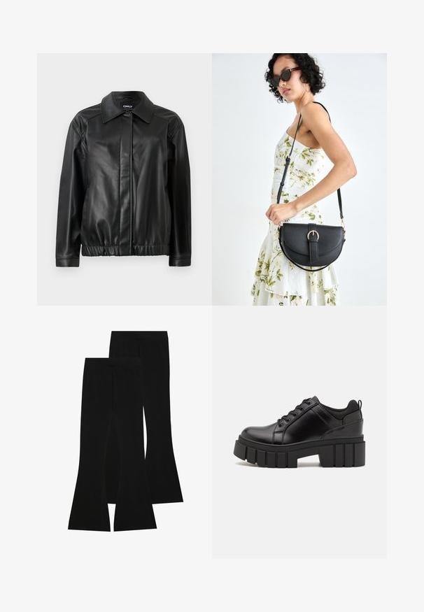 Veste en cuir noir avec un col, taille élastique, manches longues et texture lisse. Design simple sans ornements.; T-shirt blanc court en coton avec des manches courtes, un col rond et un ourlet droit, présentant une texture lisse et un design minimal.; Pantalons noirs évasés en tissu extensible, dotés d'une taille haute et d'une texture lisse, avec une coupe ajustée qui s'évasent à partir du genou.; Chaussures à plateforme en cuir noir avec un talon bloc épais, bout rond et un design traditionnel à lacets. Elles présentent une texture lisse et un détail minimal.; Sac à main en cuir noir avec une forme courbée, bandoulière amovible et des accessoires en or. Le sac est doté d'un rabat avec un détail de boucle.
