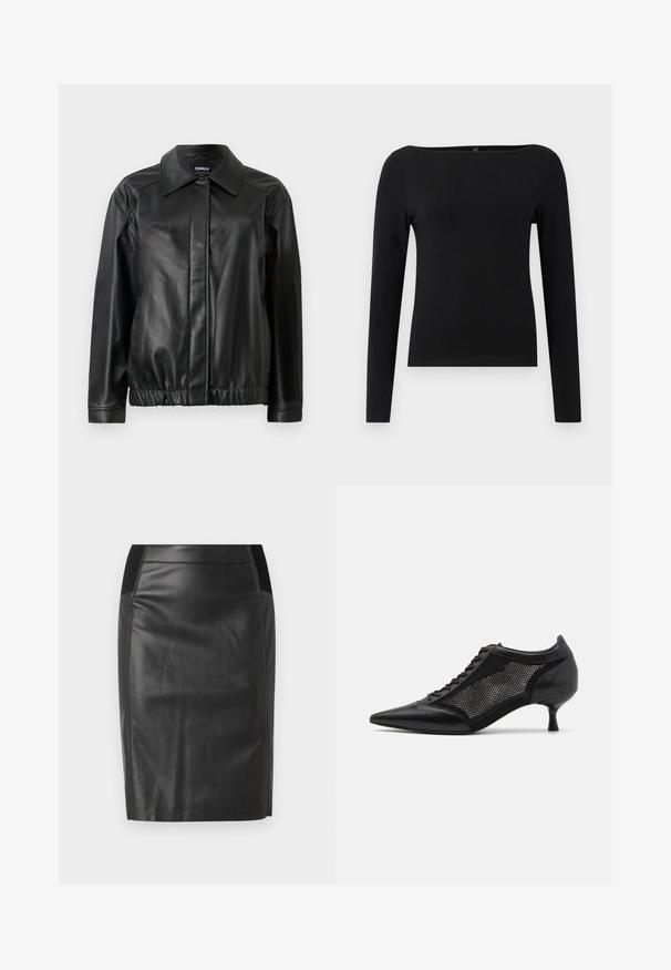 Čierna kožená bunda s golierom, elastickým pásom, dlhými rukávmi a hladkou textúrou. Jednoduchý dizajn bez ozdôb.; Čierny top s dlhými rukávmi a lodičkovým výstrihom, vyrobený z hladkej látky. Jednoduchý dizajn bez vzorov alebo akcentov.; Čierna kožená ceruzková sukňa so priliehavým strihom, hladkou textúrou a elastickým pásom po oboch stranách. Rovný lem na spodnej strane.; Čierna topánka s ostrou špičkou a sieťovaným panelom, s nízkym opätkom a šnurovaním vpredu. Vyrobená z kombinácie kože a sieťoviny.