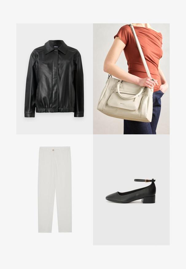 Giubbotto in pelle nera con colletto, vita elasticizzata, maniche lunghe e texture liscia. Design semplice senza decorazioni.; Maglietta a maniche corte marrone realizzata in tessuto morbido, con scollatura rotonda e vestibilità rilassata. Nessun motivo o dettaglio visibile.; Pantaloni bianchi su misura con design a gamba dritta, dotati di chiusura a bottone, passanti per cintura e tasche laterali; tessuto morbido.; Pump in pelle nera con punta affusolata e tacco basso a blocco. Presenta una cinghia alla caviglia con una fibbia in tonalità oro. Texture liscia.; Borsa a tracolla bianca in pelle con doppi manici e tracolla staccabile, dotata di una tasca con zip frontale e texture liscia. Portata al braccio di una persona.