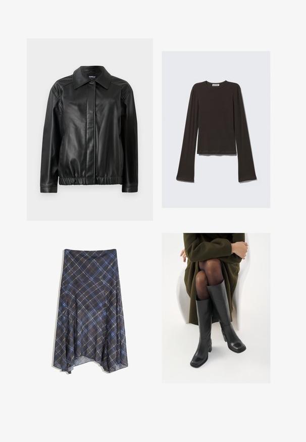Sort læderjakke med krave, elastisk talje, lange ærmer og glat overflade. Enkel design uden udsmykning.; Mørkegrå langærmet skjorte lavet af blødt stof. Har en rund halsudskæring, tætsiddende liv og udvidede ærmer med en glat tekstur.; Sort ternet nederdel med blå og brune linjer, flydende design, midt-længde, lavet af letvægtsstof med en glat tekstur.; Knæhøje sorte læder støvler med firkantet tå og blokhæl, vist med en model siddende i en olivengrøn frakke. Glat tekstur, minimal detaljer.