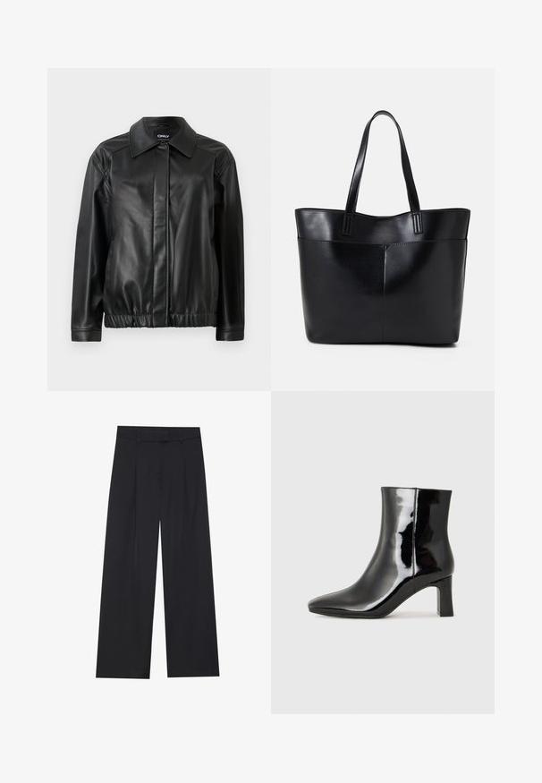 Must nagu nahkjakk, millel on krae, elastne vöökoht, pikad varrukad ja sile tekstuur. Lihtne disain, ilma dekoratsioonideta.; Must have lühikeste varrukatega must T-särk, millel on avar kaelus. Valmistatud pehmest ja kergest kangast. Lihtne disain, ilma mustrite või lisanditeta.; Musta laiuseelkätke, millel on sile tekstuur, kaks eesmist voltimist, vöökoht ja nähtamatu riistvara ning taskuteta.; Must-sinine nahkjalats musta läikiva viimistlusega, millel on terav nina ja keskmise kõrgusega plokk konts. Sile tekstuur ja minimalistik disain.; Must mustaga musta nahast, millel on kaks pikka kanda, sile tekstuur ja struktureeritud kuju. Esipoolsel on lisakoti jaoks tasku.