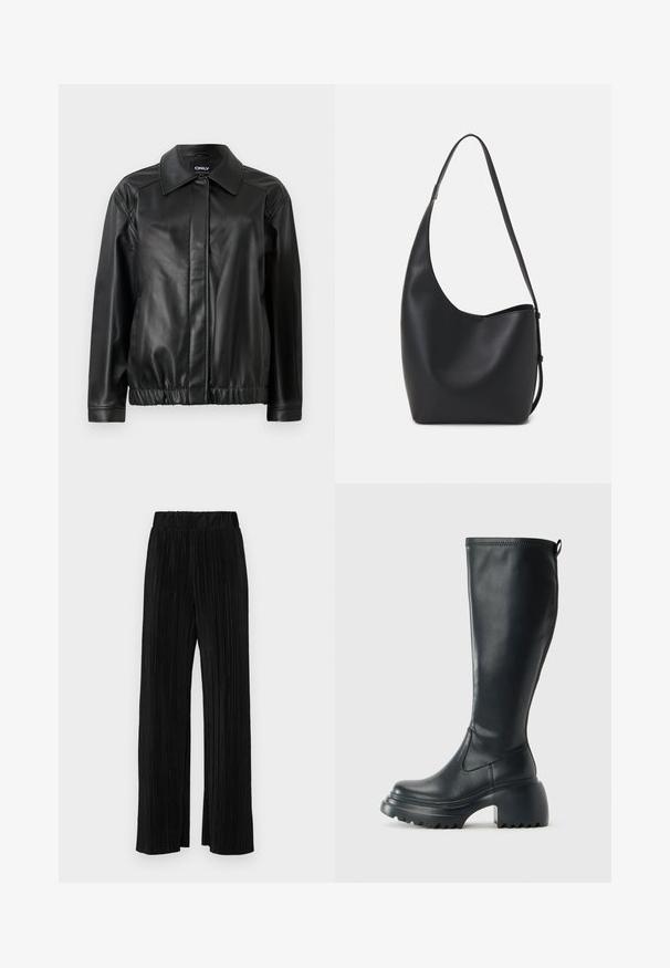 Black leather jacket with a collared neckline, elasticized waistband, long sleeves, and smooth texture. Simple design without embellishments.; Black cotton t-shirt with short sleeves, featuring a small pink butterfly graphic on the left chest. Crew neck design with a relaxed fit.; Black pleated trousers with an elastic waistband. Features wide legs and a smooth, textured fabric with vertical stripes.; Tall black leather boot with chunky platform sole and block heel, featuring pull tab and textured tread on outsole.; Black leather hobo bag with a smooth texture, curved shape, and single adjustable strap; features a wide opening at the top.