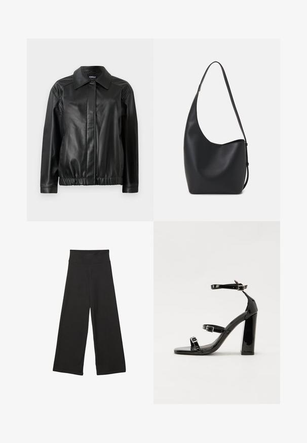 Sort læderjakke med krave, elastisk talje, lange ærmer og glat overflade. Enkel design uden udsmykning.; Sort langærmet cropped top med rund halsudskæring, ensfarvet design og let buet kant.; Sorte brede bukser med høj elastisk talje, blødt stof og løs pasform, velegnede til afslappet tøj eller uformelle anledninger.; Sorte patenterede hælsandaler med firkantet tå, ankelremme og sølvspænder. Har en chunky blokHæl for stabilitet.; Sort læder hobo taske med en glat overflade, buet form og en enkelt justerbar rem; har en bred åbning øverst.