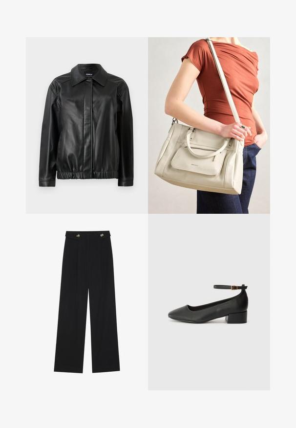 Zwarte leren jas met een kraaghals, elastische tailleband, lange mouwen en een gladde textuur. Eenvoudig ontwerp zonder versieringen.; Witte T-shirt met korte mouwen, gemaakt van zachte katoen. Heeft een ronde halslijn en een relaxte pasvorm. Schoon ontwerp zonder zichtbare patronen of accenten.; Zwarte wijde broek met hoge taille, knoopdetails op de tailleband en plooien aan de voorkant.; Zwarte leren pump met een spitse neus en een lage blokhak. Beschikt over een enkelband met een goudkleurige gespsluiting. Gladde textuur.; Witte leren handtas met dubbele handgrepen en een afneembare schouderband, met een voorzak met rits en een gladde textuur. Draagend aan de arm van een persoon.