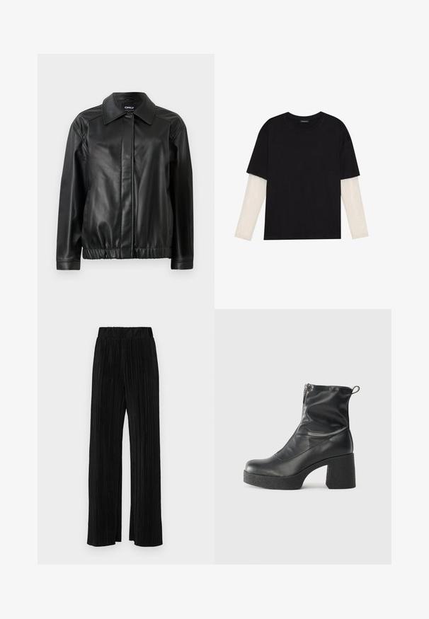 Juodas odinis švarkas su apykakle, elastingu juosmeniu, ilgomis rankovėmis ir lygiu tekstūru. Paprastas dizainas be papuošimų.; Juodas medvilninis marškinėliai su trumpomis rankovėmis, virš baltos ilgo rankovio sluoksnio, turinčio subtilų tekstūrinį raštą. Apvalus iškirpimas.; Juodi plisuoti kelnės su elastine juosta. Turėkite plačias kojas ir glotnų, tekstūrinį audinį su vertikaliais dryžiais.; Juodos kulkšninių botai, pagaminti iš lygaus odos, su šoniniu užtrauktuku, masyviu tekstūruotu kulnu ir apvaliu pirštu.