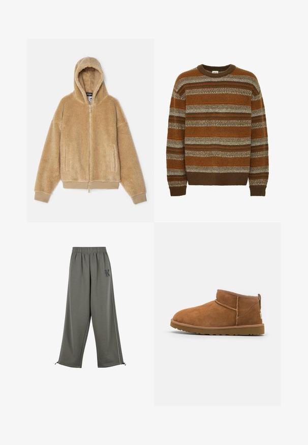 DSQUARED2 ICON RELAX TEDDY ZIPPED HOODIE - Light jacket - camel; Solid SDMAXWELL - Jumper - slate black; Karl Kani KK OS SIDESTRIPE - Trousers - grey; Tan suede ankle boot with a rounded toe, subtle stitching details, and a textured rubber sole. Short height without laces.