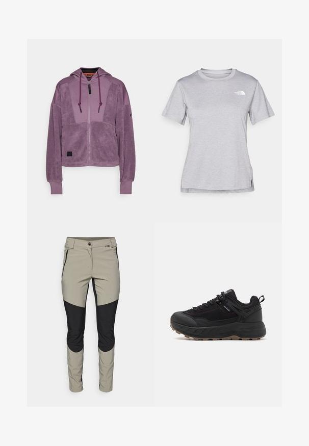 Lilla tõmblukuga kapuutsiga jakk, millel on struktureeritud kangas, kontrastsete siledate varrukatega, reguleeritavad nöörid ja must logopatch.; Hall juppuvarrega, pehmeast, niiskust eemaletõukavast kangast lühikeste varrukatega hall T-särk. Omab ümarat kaelust ning väikest valget logo vasakul ülal.; Kergekaalulised, hingavad püksid beeži ja musta värviga, millel on sobiv disain, külg-ööpikud ja kontrastsete paneelide aktsendid põlvedel.; Mustad mustad jalatsid tekstureeritud nahast ja kangast ülaosaga, mustriline tald, tugevdatud varvas ja reguleeritav kinnitussüsteem.