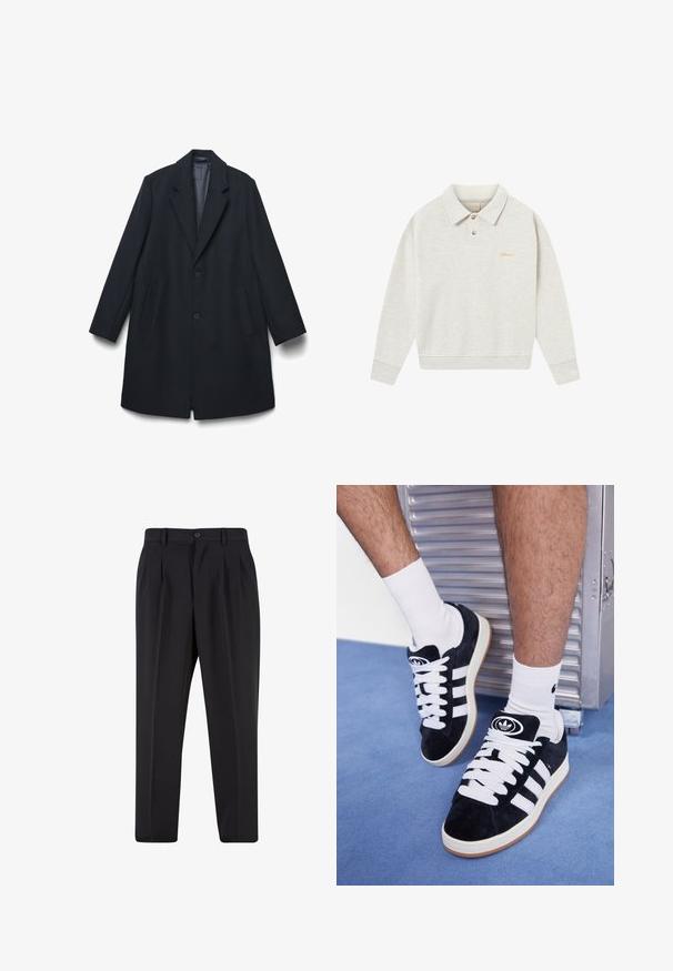Lungo cappotto in lana nera con due bottoni, colletto a ribattuta, tasche laterali e fodera interna liscia, steso su uno sfondo bianco.; Felpa polo grigia chiara realizzata in morbido tessuto, con pattina a bottoni, polsini a costine e logo ricamato in oro vicino al petto.; T-shirt bianca in cotone con scollatura a girocollo, maniche corte e vestibilità rilassata. Presenta un design semplice senza motivi o accenti.; Pantaloni neri con design a pieghe sul davanti, realizzati in tessuto morbido. Presentano una chiusura con bottone e passanti per cintura; vestibilità a gamba dritta.; Sneakers in suede nero con lacci bianchi e tre strisce bianche. Presentano un logo circolare nero sulla linguetta e una suola in gomma color gomma.