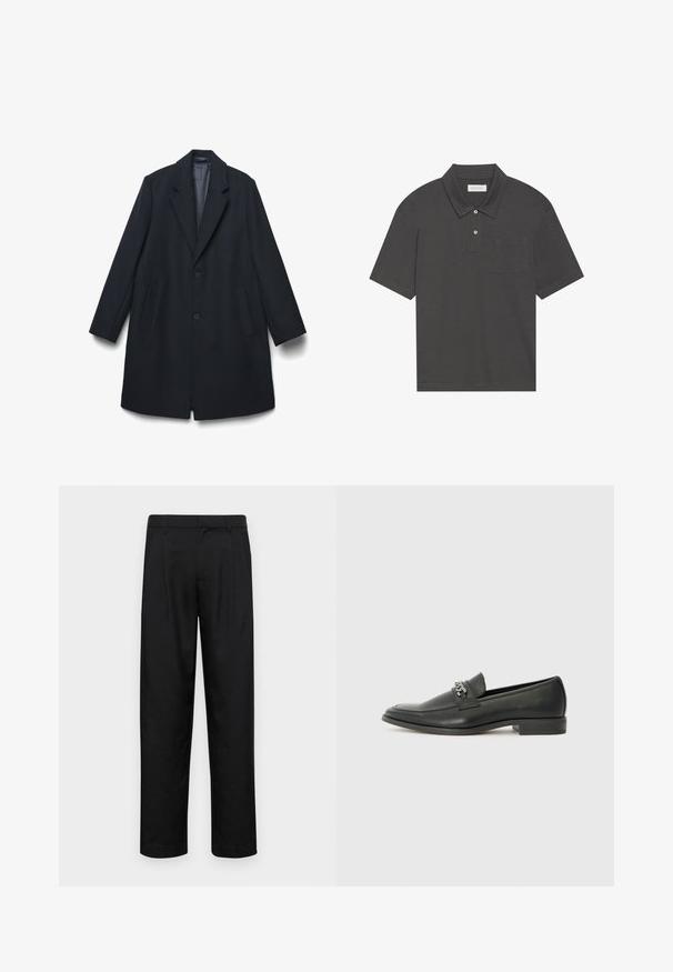 Langer schwarzer Wollmantel mit zwei Knöpfen, Reverskragen, seitlichen Taschen und glatter Innenauskleidung, flach auf einem weißen Hintergrund ausgelegt.; Dunkelgraues Poloshirt mit traditionellem Kragen, Drei-Knopf-Leiste, kurzen Ärmeln und einer linken Brusttasche. Glatte Stoffoberfläche.; Schwarze Hose aus glattem Stoff, mit geradem Bein Design, zwei vorderen Falten und einem Standardbund mit Gürtelschlaufen.; Schwarzer Lederloafer mit glatter Oberfläche, ausgestattet mit einer gesteppten Gestaltung und einem dekorativen Metallkettendetail über dem Vorderblatt. Flacher Absatz.