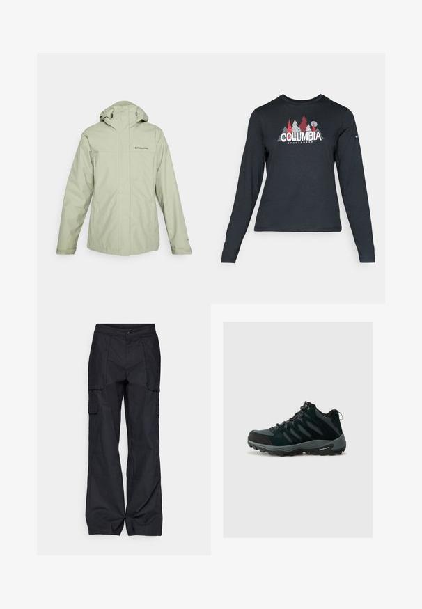 Columbia HIKEBOUND™ II INTERCHANGE JACKET - Regnjacka - safari; Långärmad mörkgrå tröja med grafik av röda träd och berg; "COLUMBIA"-logotyp i fet vit text. Mjukt tyg, standard rund hals.; Columbia BREA FALLS™ COTTON RIPSTOP PANT - Friluftsbyxor - black; Columbia REDMOND - Hikingskor - black/citron haze