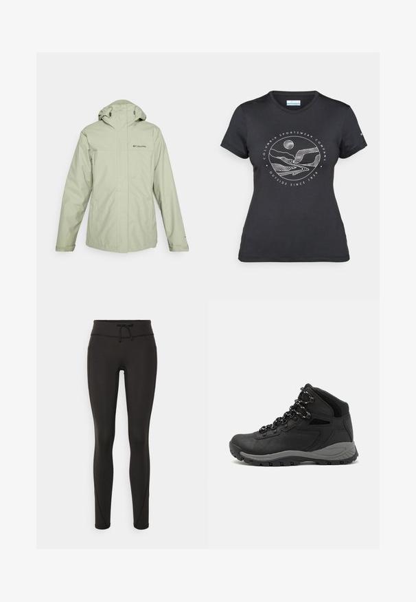 Columbia HIKEBOUND™ II INTERCHANGE JACKET - Regenjas - safari; Zwarte Columbia t-shirt met witte cirkelvormige lijntekening van bergen en een rivier en de tekst "Columbia Sportswear Company Outside Since 1938."; Zwarte leggings met een hoge tailleband, een trekkoord, een gladde textuur en een aansluitend ontwerp. Kenmerkt zich door stikseldetails langs de zijkanten.; Zwarte wandelschoen met een mid-top ontwerp, voorzien van een gestructureerde bovenkant, grijze accenten en een duurzame rubberen zool met gripnoppen.