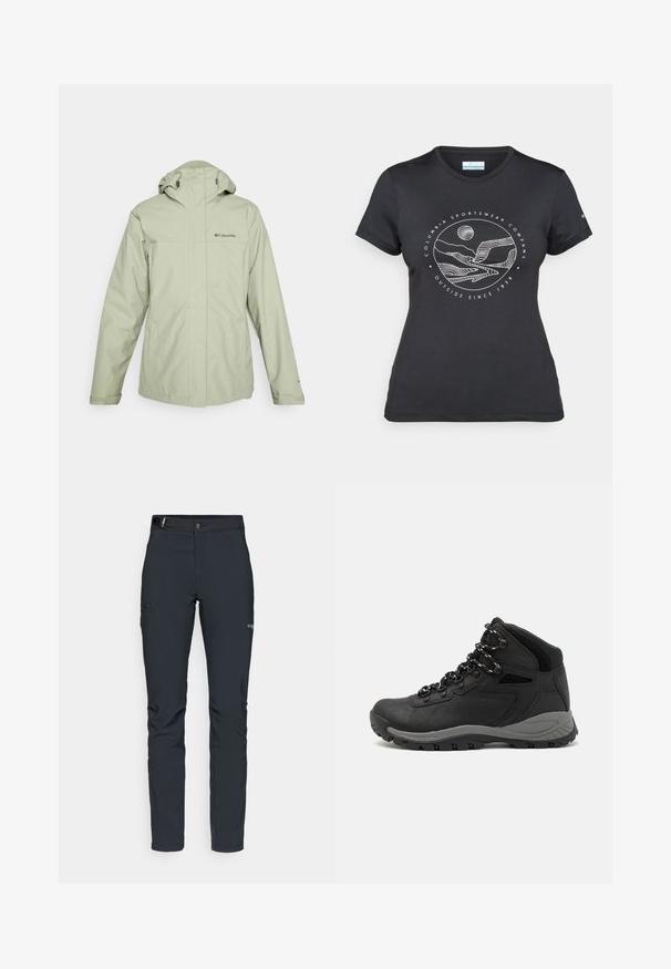 Columbia HIKEBOUND™ II INTERCHANGE JACKET - Regenjas - safari; Zwarte Columbia t-shirt met witte cirkelvormige lijntekening van bergen en een rivier en de tekst "Columbia Sportswear Company Outside Since 1938."; Heren buitenbroeken, donkergrijs, gemaakt van flexibel materiaal, met een riem, ritszakken en verstevigde stiksels.; Zwarte wandelschoen met een mid-top ontwerp, voorzien van een gestructureerde bovenkant, grijze accenten en een duurzame rubberen zool met gripnoppen.