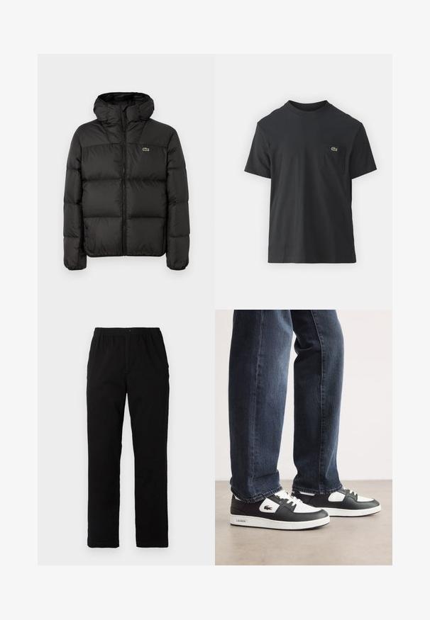 Black puffer jacket with a hood, featuring a zip closure, quilted design, and a small green logo on the left chest. Smooth, padded texture.; Black cotton t-shirt with short sleeves, round neckline, and a small green logo on the left chest pocket. Simple design, regular fit.; Black pants made of cotton blend fabric, featuring a straight cut, elastic waistband with button, and no visible patterns or accents.; Black and white Lacoste sneakers with a textured leather upper, featuring a lace-up design and a white rubber outsole. Worn with dark jeans.