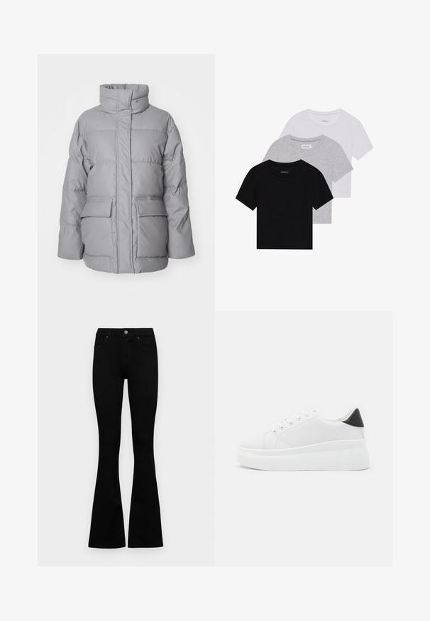Ανοιχτό γκρι μπουφάν με ψηλό γιακά, μπροστινό φερμουάρ και δύο μεγάλες εξωτερικές τσέπες. Λείο υφή με οριζόντιες ραφές.; Σετ τριών κοντομάνικων μπλουζών σε μαύρο, γκρι και άσπρο. Κατασκευασμένες από βαμβάκι, διαθέτουν λαιμόκοψη και απλό, μονόχρωμο σχέδιο.; Μαύρα ψηλόμεσσα τζιν παντελόνια με κούμπωμα και φερμουάρ, εμπρός τσέπες και καμπάνα, τοποθετημένα επίπεδα σε λευκό φόντο.; Λευκά πλατφόρμα αθλητικά παπούτσια κατασκευασμένα από λείο συνθετικό υλικό, με στρογγυλή μύτη, σχέδιο με κορδόνια και υφασμένη καουτσούκ σόλα. Μαύρη έγχρωμη λεπτομέρεια στη φτέρνα.