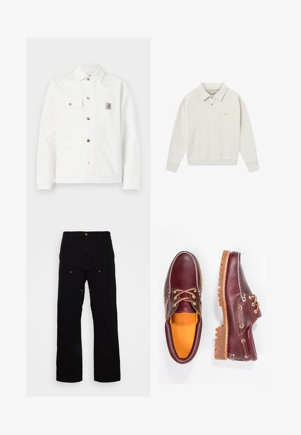 Weißes Denim-Jacket mit Kentkragen, vorderem Knopfverschluss, zwei Brusttaschen und einem Logopatch auf der linken Tasche.; Helles graues Polo-Sweatshirt aus weichem Stoff, mit Knopfleiste, gerippten Bündchen und goldenem gestickten Logo in der Nähe der Brust.; Schwarze Denim-Hosen mit geradem Bein, ausgestattet mit goldenen Hardware-Akzenten und sichtbaren Nähten an den Vorder- und Gesäßtaschen.; Bordeauxfarbene Lederschuhe mit braunen Gummisohlen, runder Zehenform, weißen Nähten und goldenen Ösen. Das Innenfutter weist eine gelbe Beschichtung auf.