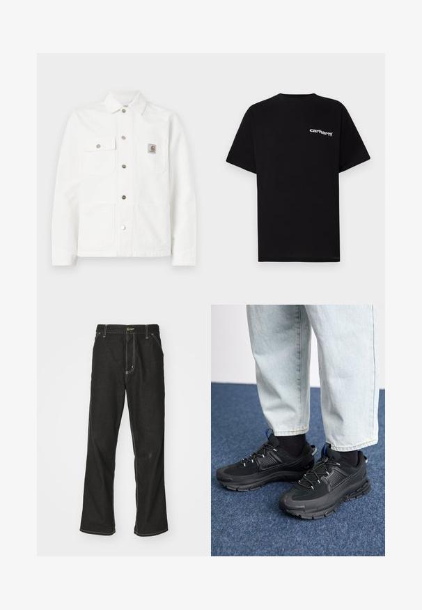 White denim jacket featuring a spread collar, front button closure, two chest pockets, and a logo patch on the left pocket.; Black cotton t-shirt with short sleeves, crew neckline, and white "Carhartt" logo on the left chest. Smooth texture, minimal design.; Black denim jeans with a loose fit, featuring contrasting white stitching, a button closure, and a straight leg design.; Black athletic shoes with textured fabric and rubber soles, featuring elastic laces and a blue accent on the heel. Worn with light denim pants.