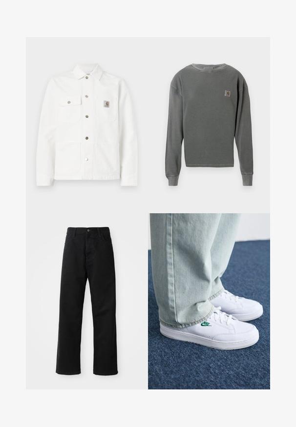 Balta džinsinė striukė su išskirtiniu apykakle, priekyje mygtukų uždarymu, dviem krūtinės kišenėmis ir logotipo pleistru ant kairės kišenės.; Pilkos spalvos ilgos rankovės apvalaus kaklo džemperis su grioveliais, turintis mažą kvadratinį logotipo aplikaciją kairėje krūtinės pusėje ir grioveliais pagamintas rankogalius.; Juodo džinsinio audinio keliaraiščiai su tiesia iškarpa, turintys priekinės kišenes, užtrauktuką ir vieną viršutinį mygtuką. Audinys tekstūruotas, su matinio paviršiaus apdaila.; Balti odiniai sportbačiai su žaliu Nike logotipu, apvalia nosimi, plokščiu padu, derinami su šviesiai mėlynomis džinsinėmis kelnėmis, rodomi ant mėlynos kiliminės dangos.