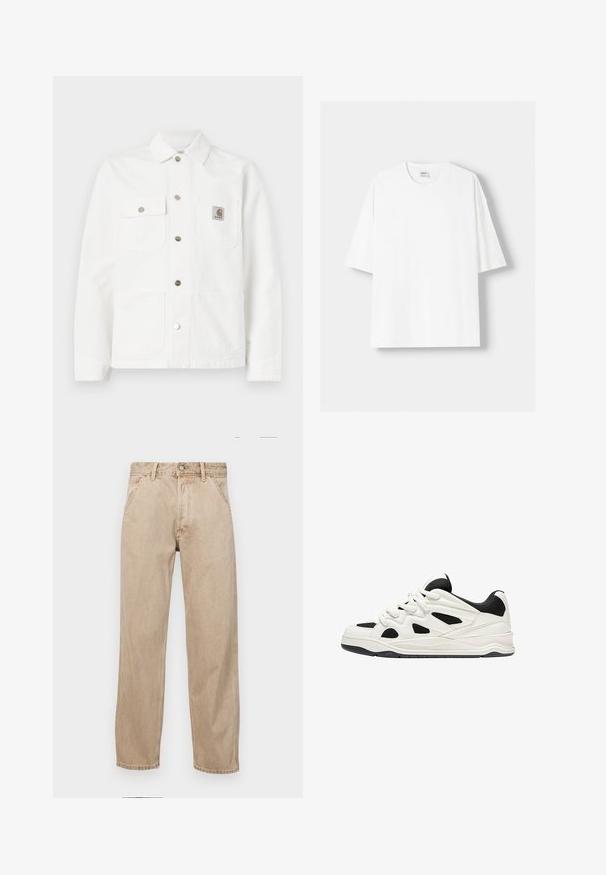 Hvid denimjakke med sprede krave, front lukning med knapper, to brystlommer og et logo patch på venstre lomme.; Hvid kortærmet T-shirt lavet af bomuld, med rund halsudskæring og en afslappet pasform. Glat tekstur, uden synlige mønstre eller detaljer.; Beige denimjeans med lige bendesign, med forlommer, metalknaplukning og subtil struktur.; Hvide og sorte atletik sko med en tekstureret sål, der har udskårede designs på siderne og snørebånd, samt en polstret hæl for støtte.