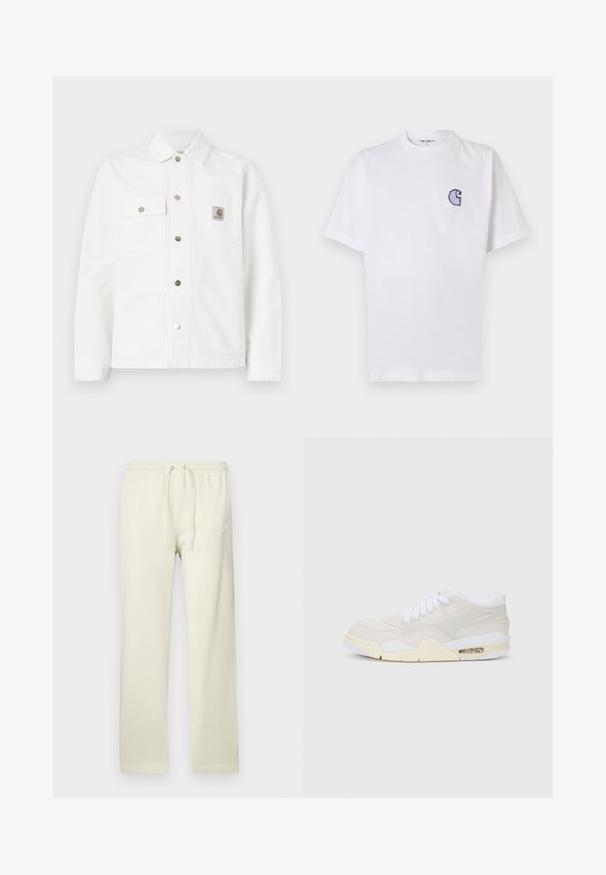 Biała kurtka dżinsowa z rozkładanym kołnierzem, zapinana na guziki z przodu, z dwoma kieszeniami na piersi oraz naszywką z logo na lewej kieszeni.; Biała bawełniana koszulka z krótkimi rękawami, okrągłym dekoltem i małym, niebieskim haftowanym logo "C" na lewej stronie klatki piersiowej.; Jasnobeżowe spodnie dresowe z regulowanym sznurkiem w talii, wykonane z miękkiego materiału. Na lewym udzie znajduje się subtelne, białe logo Nike.; Sneakers z lekkim beżowym syntetycznym wierzchem, białymi sznurówkami i widocznymi amortyzacjami. Posiadają gładką podeszwę i subtelne akcenty po bokach.