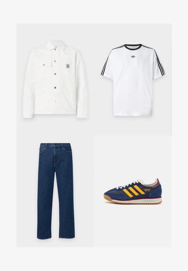 Bela denimska jakna z razprostrtim ovratnikom, sprednjim gumbom, dvema prsoma žepoma in logotipnim oznako na levem žepu.; Bela majica iz bombaža z črnimi okroglimi izrezi in tremi črnimi črtami na vsakem ramu. Majhen črn logotip na prsih.; Temno modri jeans ravne krojenje z naprsnimi žepi in gumbom za zapiranje, prikazani na enostavni beli podlagi.; Mornarsko modre suede teniske z rumenimi črtami, belimi vezalkami in burgundskimi poudarki. Teksturna podplat z utori za oprijem. Logotip blagovne znamke na strani.