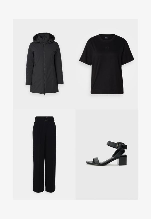 Cappotto invernale nero con cappuccio, chiusura frontale con zip, maniche lunghe e tasche laterali. Materiale liscio e impermeabile con un interno leggermente imbottito.; Maglietta in cotone nera con scollatura tonda, maniche corte e logo ricamato sul petto. Design semplice e vestibilità rilassata senza motivi.; Pantaloni neri su misura con una silhouette a gamba larga, dotati di una cintura con fibbia argentata, pieghe e una superficie di tessuto liscia.; Sandalo con tacco in pelle nera, con cinturino alla caviglia regolabile, design open toe e tacco quadrato. Texture liscia, stile minimalista.