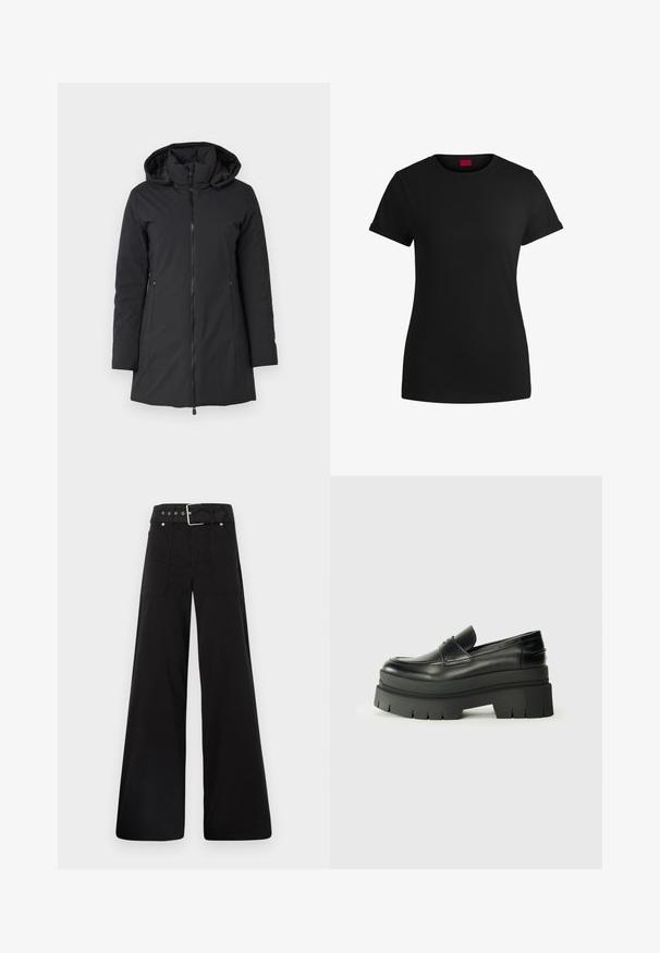 Sort, hættetrøje vinterjakke med lynlås på forsiden, lange ærmer og sidelommer. Glat, vandtæt materiale med en let polstret inderside.; Sort bomulds T-shirt med korte opklappede ærmer, rund halsudskæring og et rødt mærke. Glat tekstur, tætsiddende form med minimal detaljer.; Sorte brede bukser lavet af bomuld, med høj talje, store sidelommer og en bæltestrop med sølvfarvede detaljer.; Sorte læder loafers med en kraftig platformsål. Rund tå, forkant-søm detalje og subtile syninger. Flad, struktureret ydersål.