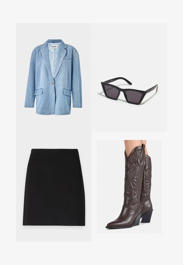 Svetlomodrá džínová blazer s jediným zapínaním na gombík, dvoma prednými vreckami a klopovým golierom, viditeľným prešívaním a podšitým interiérom.; Biely bavlnený top bez rukávov s okrúhlym výstrihom a priliehavým strihom. Hladká textúra, jednoduchý dizajn a minimálne švy.; Čierna sukňa so jednoducho navrhnutým strihom, vyznačujúca sa hladkou textúrou a priliehavým pásom. Obsahuje bočnú kapsu pre väčšiu funkčnosť.; Hnedé kožené kovbojské topánky s špicatou špičkou a blokovým podrážkou, so zložitým prešívaním a vyvýšenými akcentmi na puzdre.; Čierne, ostré slnečné okuliare so sivými sklami; vyrobené z plastu, majú hrubé ramená s hladkým povrchom a bez viditeľnej mechaniky.