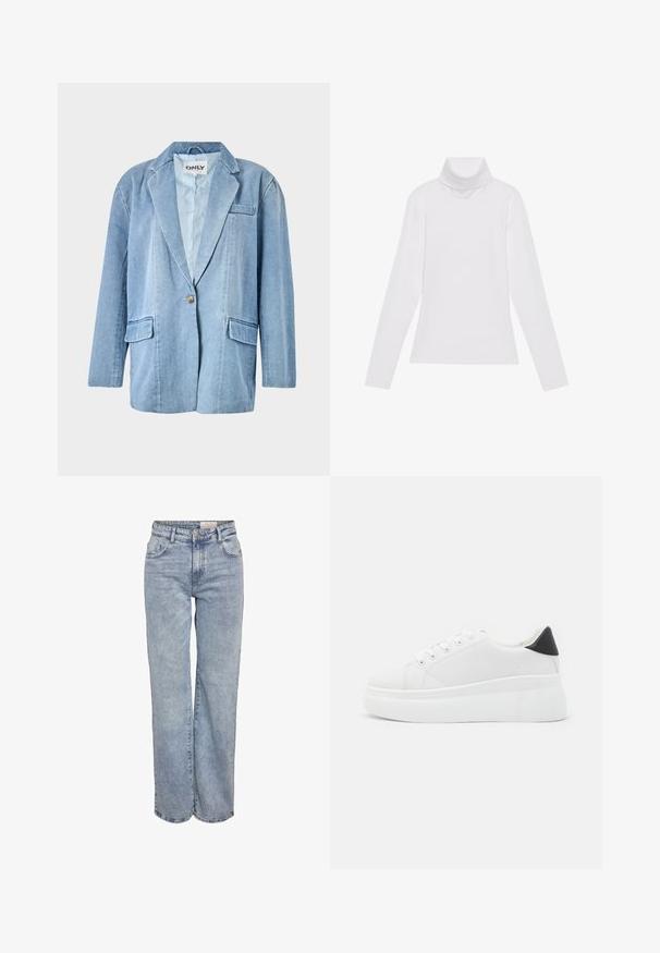 Vaaleansininen farkkutakki, jossa on yksi napin suljenta, kaksi etutaskua ja lovellinen kaulus, näkyvillä ompeluilla ja vuoratuilla sisäosilla.; Valkoinen pitkähihaisella poololla varustettu paita, joka on valmistettu sileästä ja joustavasta kankaasta. Ominaisuuksiin kuuluu korkeakauluksinen ja tiukka malli, ilman näkyviä kuvioita tai koristeita.; Vaaleansiniset leveälahkeiset farkut, jotka on valmistettu denimistä. Niissä on korkea vyötärö, viisi taskua ja hienovarainen kuluminen, joka luo käytetyn ilmeen.; Valkoiset alustasneakerit, jotka on valmistettu sileästä synteettisestä materiaalista. Niissä on pyöreä kärki, nauhakiinnitys ja teksturoitu kumipohja. Musta kantakorko korostaa ilmettä.