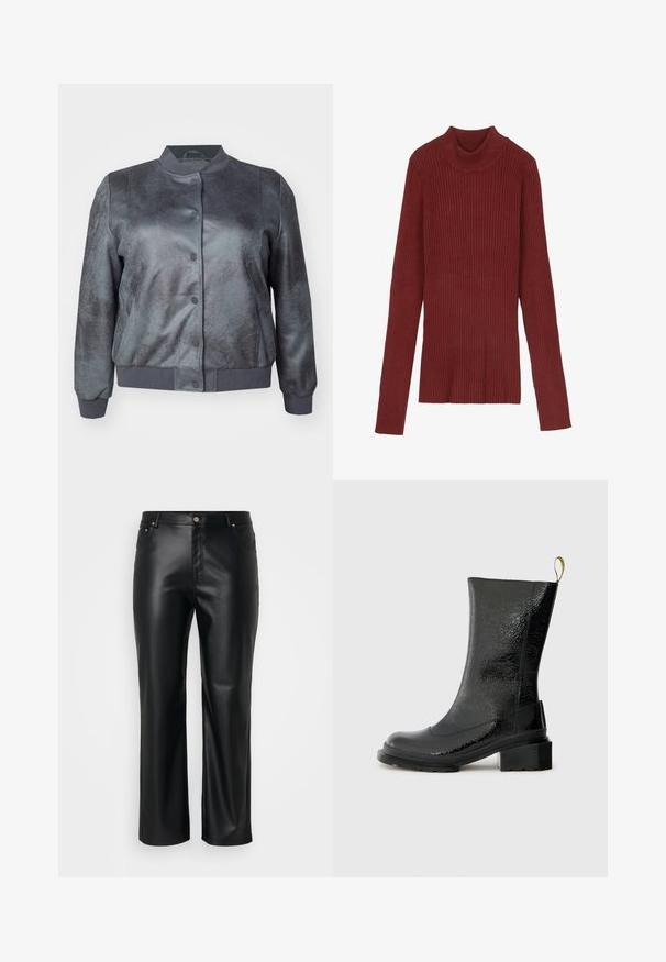 Szürke bomber dzseki strukturált műbőr borítással, bordázott mandzsettákkal és elől gombos záródással. Lekerekített gallérral és testhez álló alsó résszel rendelkezik.; Csíkos, bordó garbós pulóver hosszú ujjal és testhez simuló fazonnal. Puha tapintású, minimalista dizájn, látható szerelvények nélkül.; Fekete műbőr nadrág egyenes szabással, övbújtatókkal, elülső zsebekkel és cipzáras átkapcsolóval, gombos záródással. Simább textúra.; Fekete bokacsizma fényes, textúrált anyagból készült. Vastag sarokkal és hátsó húzófüllel rendelkezik a könnyű felhúzás érdekében.
