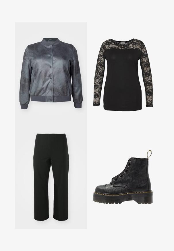 Grå bomberjacka med en texturerad imitation läderfinish, ribbade muddar och knäppning fram. Har en rundad krage och en figursydd fåll.; Svart topp med långa spetsärmar, med en enfärgad svart kropp och blommig spetsdetalj. Rund halsringning med mjuk textur.; Vero Moda Curve VMCAUGUSTA PANT - Tygbyxor - black; Svart läderankelboot med texturerad yta, rund tå, snörningsdesign, gul stygn och en tjock, mönstrad svart plattformssula.