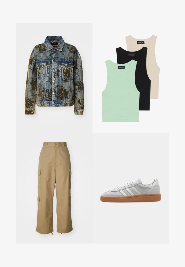 Jeansjakke med blomstertrykk i mørke farger, foran med trykknapper, spiss krage og to brystlommer med sømdetaljer.; Tre tank topper i mintgrønn, svart og beige; laget av ribbestrikket stoff med rund hals og uten ermer. Merket synlig.; Beige cargo bukser med høj talje, brede ben og fire store sidelommer. Fremstillet af slidstærkt stof med en glat tekstur og minimal detalje.; Lys grå semsket lær sneakers med hvite lærdetaljer, tre hvite striper og en brun gummisåle, med en polstret krage for ekstra komfort.
