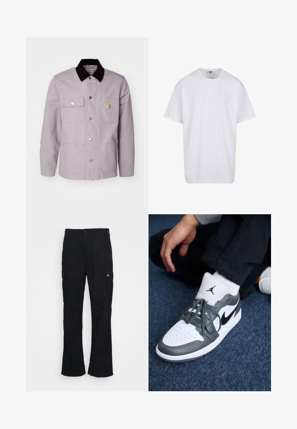 Lys grå bomullsjakke med krage i svart kordfløyel, to framlommer og messingknapper. Har en logo-patch på brystlommen.; Hvit bomull t-skjorte med korte ermer, rund utringning, avslappet passform, og ingen synlige logoer eller mønstre. Glatt tekstur og minimalistisk design.; Svarte cargo bukser med rett ben-design, laget av slitesterk stoff, med sidelommer og et patch-logo på venstre side.; Nike Air Jordan 1 sneakers i hvit og grå skinn, med en svart logo, perforert tå og flate grå snøring.