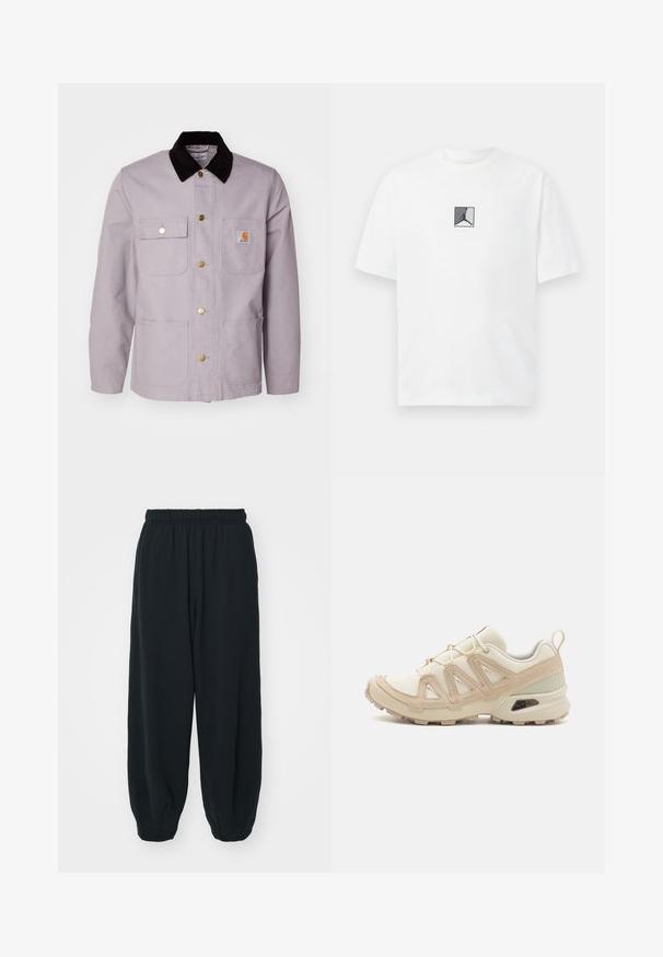 Giacca di cotone grigio chiaro con colletto in velluto a coste nero, due tasche frontali e bottoni in ottone. Presenta una toppa con il logo sulla tasca del petto.; T-shirt bianca in cotone con un grafiche logo centrale in nero e grigio. Collo rotondo classico e maniche corte con una vestibilità rilassata.; Pantaloni da jogging neri con vita elasticizzata, dalla vestibilità morbida, caviglie a costina, texture liscia e senza motivi visibili o dettagli in metallo.; Scarpa atletica beige e crema con tomaia in mesh testurizzato, sovrapposizioni supportive e suola in gomma con un motivo a tasselli per la trazione.
