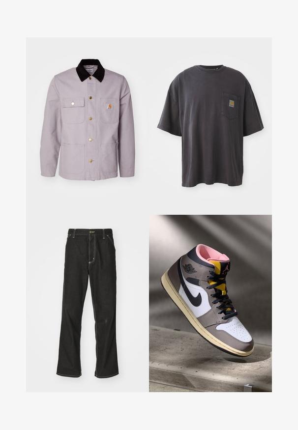 Lys grå bomullsjakke med krage i svart kordfløyel, to framlommer og messingknapper. Har en logo-patch på brystlommen.; Svart bomulls t-skjorte med korte ermer, rund hals og en lomme på venstre bryst med et firkantet logomerke. Enkel og uforfinedt design.; Svarte denimbukser med løs passform, med kontrastfylt hvit søm, knappelukking og rett ben-design.; Høy topp Nike Air Jordan-sneaker i hvit, grå og svart med rosa indre og gul tunge, plassert på en betongoverflate.