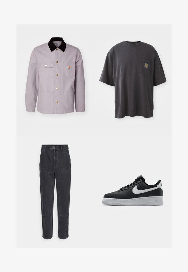 Hele halli puuvillane jakk musta sametikaelusega, kahe esipocketiga ja messingist nuppudega. Rinnataskul on logo silti.; Mustad must t-särk lühikeste varrukatega, ümar kaelus ja vasakul rinnal tasku ruudukujulise logoplaadi näitega. Lihtne ja ilma embellishmentsita disain.; Mustad teksad kõrge vöökoht, sirge sääre lõike ja suurte eespool olevate taskutega. Omab kontrastset õmblust ja nähtavad logod puuduvad.; Must musta sneaker tekstureeritud pinnaga, valge Nike logo, hall tald, ümar varv ja paeltega disain. Omab perforatsioone varbakasti peal.