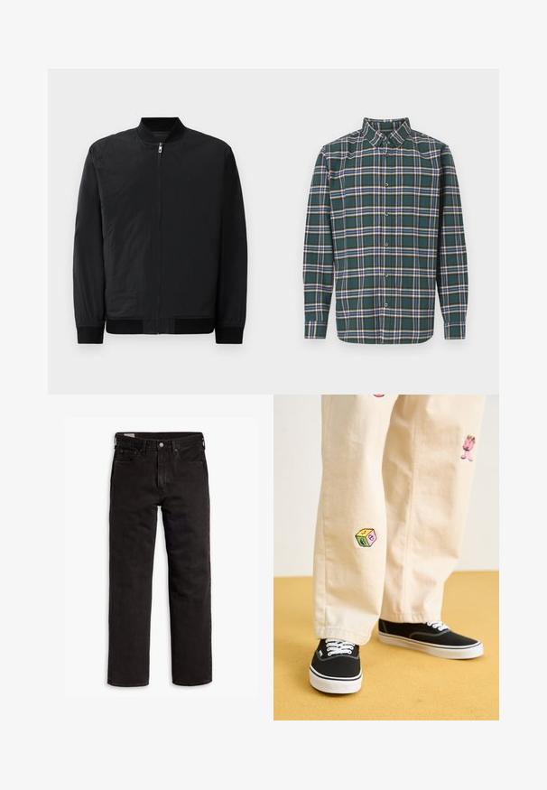 Čierna bombera bunda s predsuvným zipsom, rebrovanými manžetami a hladkým, ľahkým materiálom s matným povrchom.; Zelená flanelová košeľa s károvaným vzorom, ktorá obsahuje modré, biele a horčicovo žlté pruhy. Zapínanie na gombíky vpredu a špičatý golier. Dlhé rukávy.; Čierne džínsy s rovnými nohavicami, s piatimi vreckami, s rozopínaním na gombík a pútkami na opasok, položené na bielom pozadí.; Béžové bavlnené nohavice s hravými vyšívanými vzormi vrátane ružovej postavy a farebného bloku, skombinované s čiernymi šnurovacími teniskami.