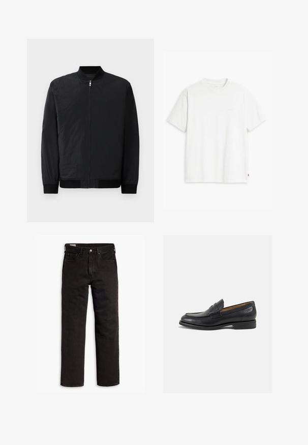 Mustmoodne bomber-jakk, millel on tõmbluku sulgemine, soonikkoes mansetid ning sile, kergest materjalist, madala läikega viimistlus.; Valge puuvillane t-särk lühikeste varrukatega, ümmargune kaelus ja peene Levi'si logo trükituna keskel. Pehme tekstuur ja standardne istuvus.; Hele hall sinine nööpidega särk, valgete triipudega, pikkade varrukatega, krae, ümardatud serv ja peen logo detail rindkere piirkonnas. Puuvillane materjal.; Mustad sirgedega teksapüksid viie taskuga, nööpidega kinnitamine ja vöökohaga, lamab tasasele valgele taustale.; Mustad mustad nahast loafers, sujuva viimistlusega, ümar sirge ja dekoratiivne tikand peal. Madal ja kergelt kuhjatud konts ning kerge läige.