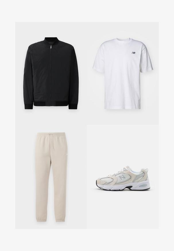 Zwarte bomberjack met ritssluiting, ribgebreide manchetten en een gladde, lichte stof met een matte afwerking.; Witte korte mouwen crew neck T-shirt met klein zwart New Balance-logo op de linkerkant van de borst tegen een effen achtergrond.; Lichtbeige sweatpants gemaakt van zachte stof met een elastische tailleband, verstelbare trekkoord en taps toelopende manchetten bij de enkels.; Atletiekschoen met een lichtgrijs mesh bovenwerk en suede accenten, witte veters en een zwarte rubberen zool. Opvallend ABZORB dempingdetail.