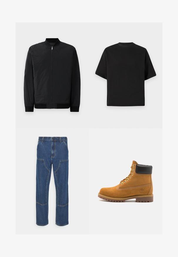 Sort bomberjakke med lynlås, ribstrikkede manchetter og et glat, let materiale med mat overflade.; Sort T-shirt med kortærmer i løs pasform, lavet af glat bomuld, med rund halsudskæring og minimalistisk design.; Blå denim jeans med lige ben, frontlappelommer og kontrasterende syninger. Stoffet har en klassisk tekstur og finish.; Tan nubuck ankelstøvle med sort polstret krave, gyldne metaløjer, hvid syning detaljer og robust gummisål med udtalte slidbaner.