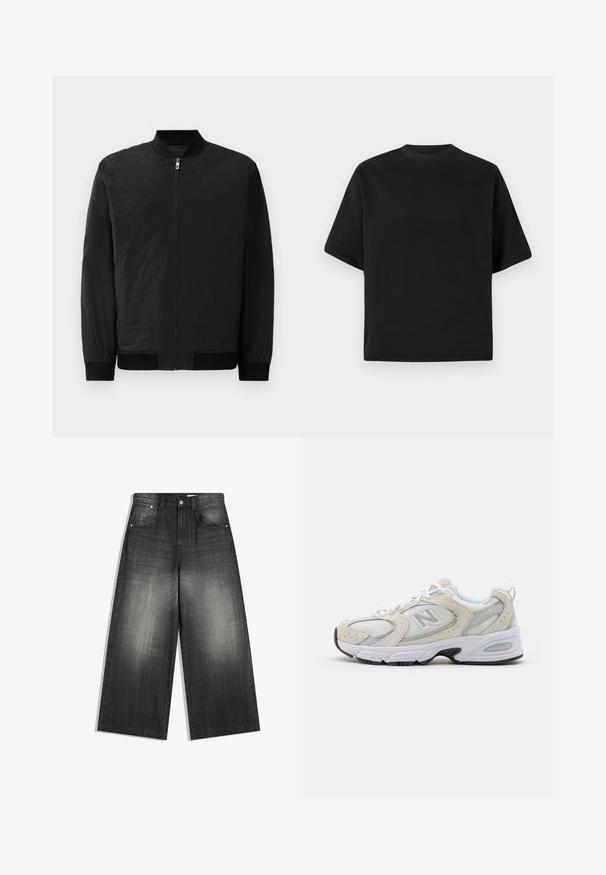 Sort bomberjakke med lynlås, ribstrikkede manchetter og et glat, let materiale med mat overflade.; Sort T-shirt med kortærmer i løs pasform, lavet af glat bomuld, med rund halsudskæring og minimalistisk design.; Bredde bukser i denim i falmet sort, med et klassisk fem-lomme design og en let struktureret overflade. Metalhardware detaljer.; Sportssko med en lys grå mesh-overdel og ruskindsdetaljer, hvide snørebånd og en sort gummisål. Bemærkelsesværdig ABZORB dæmpning.